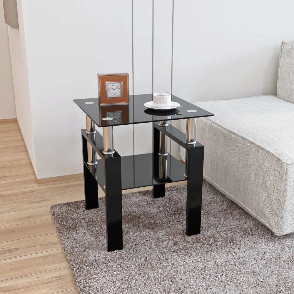 1-Piece Modern Tempered Glass Tea Table Coffee Table End Table Square Table for Living Room Black