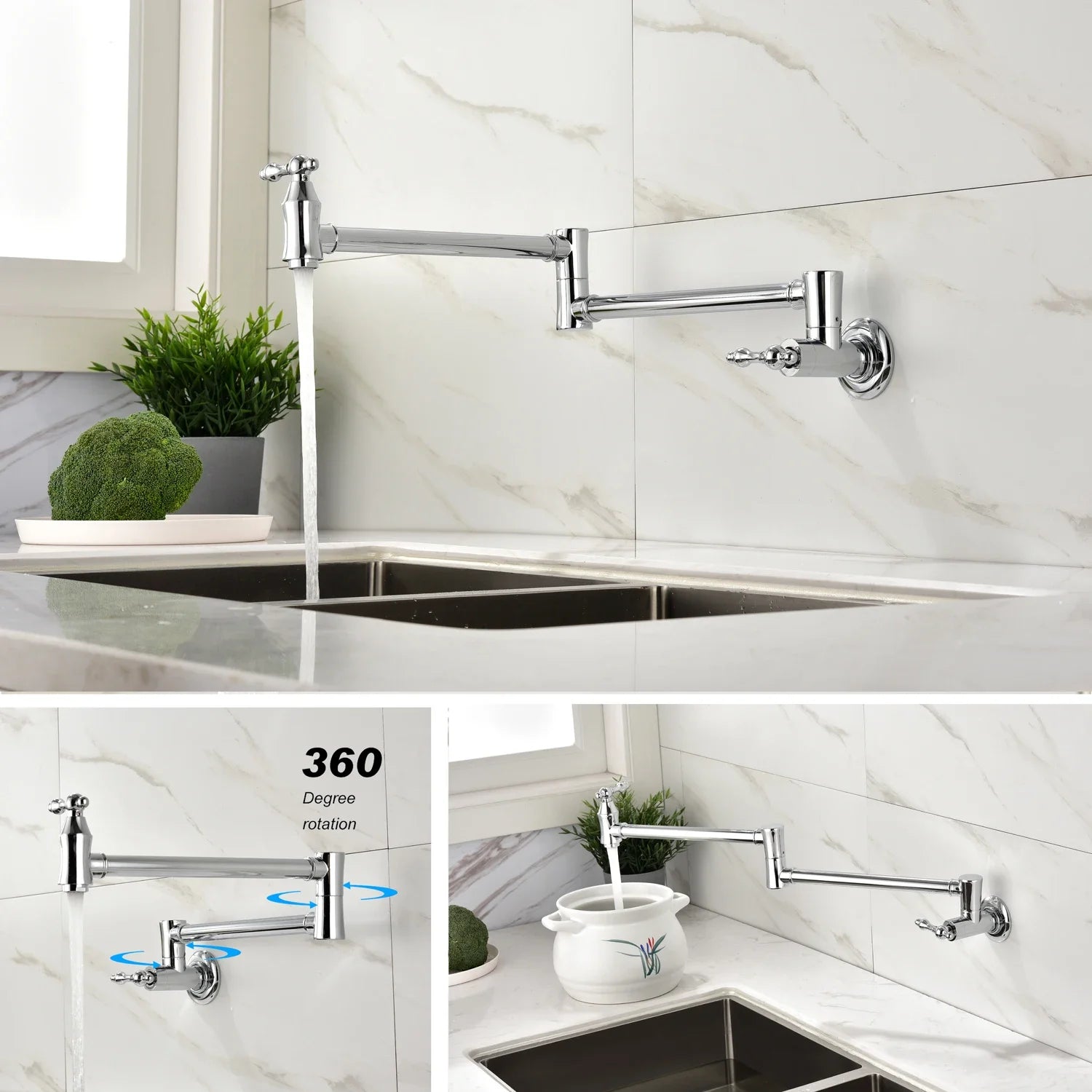 Folding Faucet Pot Filler Faucet Wall Mount, 21” Reach and 360 Degree, Finger Print Resistant
