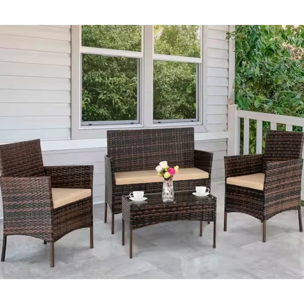 Outdoor Furniture with Soft Cushion and Glass Table, All Weather Manual Weaving Wicker Rattan Patio Chairs for Garden