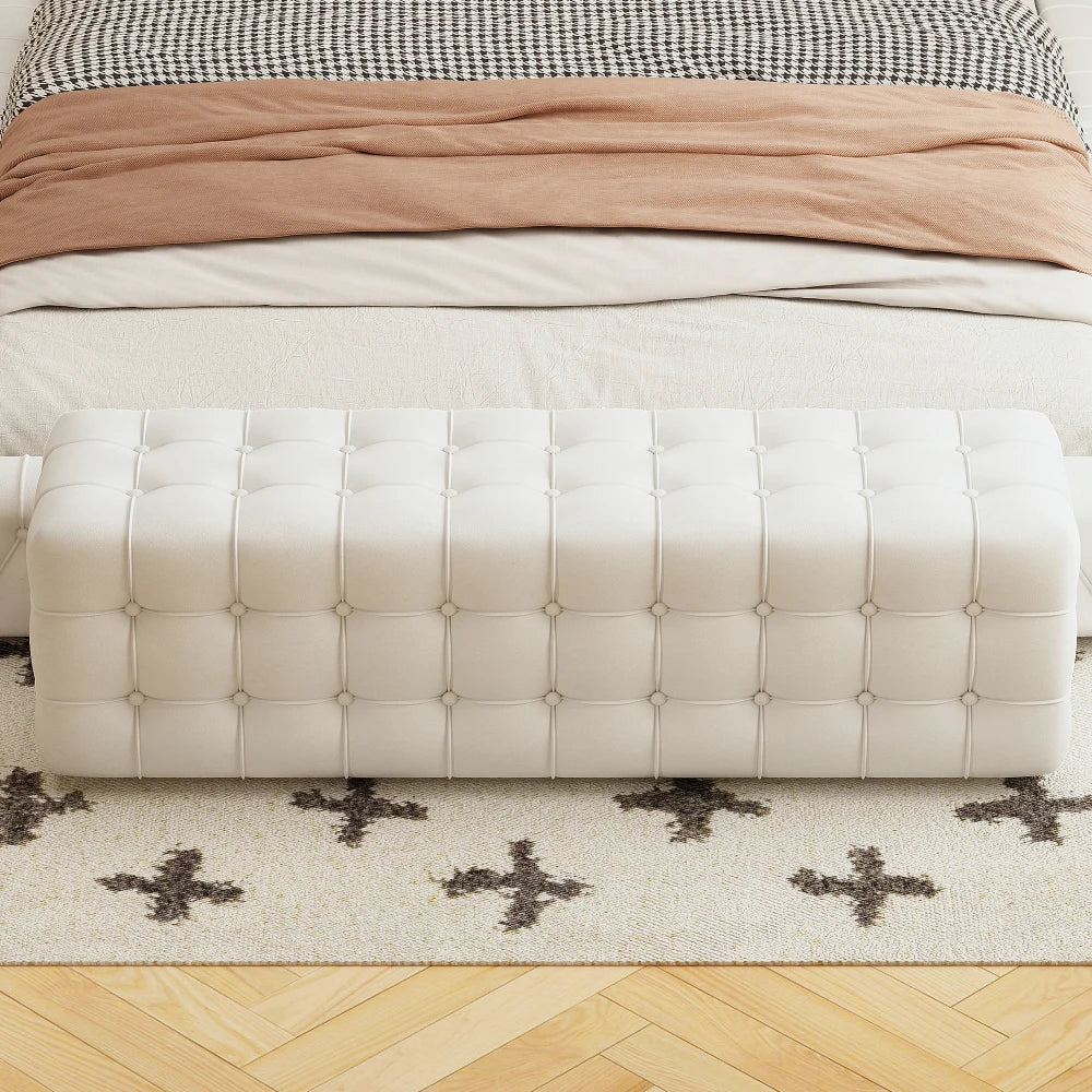 All Covered Velvet Upholstered Ottoman, Rectangular No Assembly Required Elegant and Luxurious White