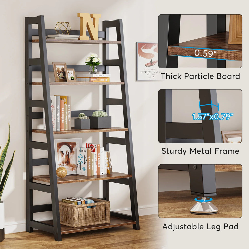 Tribesigns 5-Tier Bookshelf Industrial Bookcase, 5 Shelf Ladder Shelf Book Storage Shelf Organizer for Living Room, Home Office