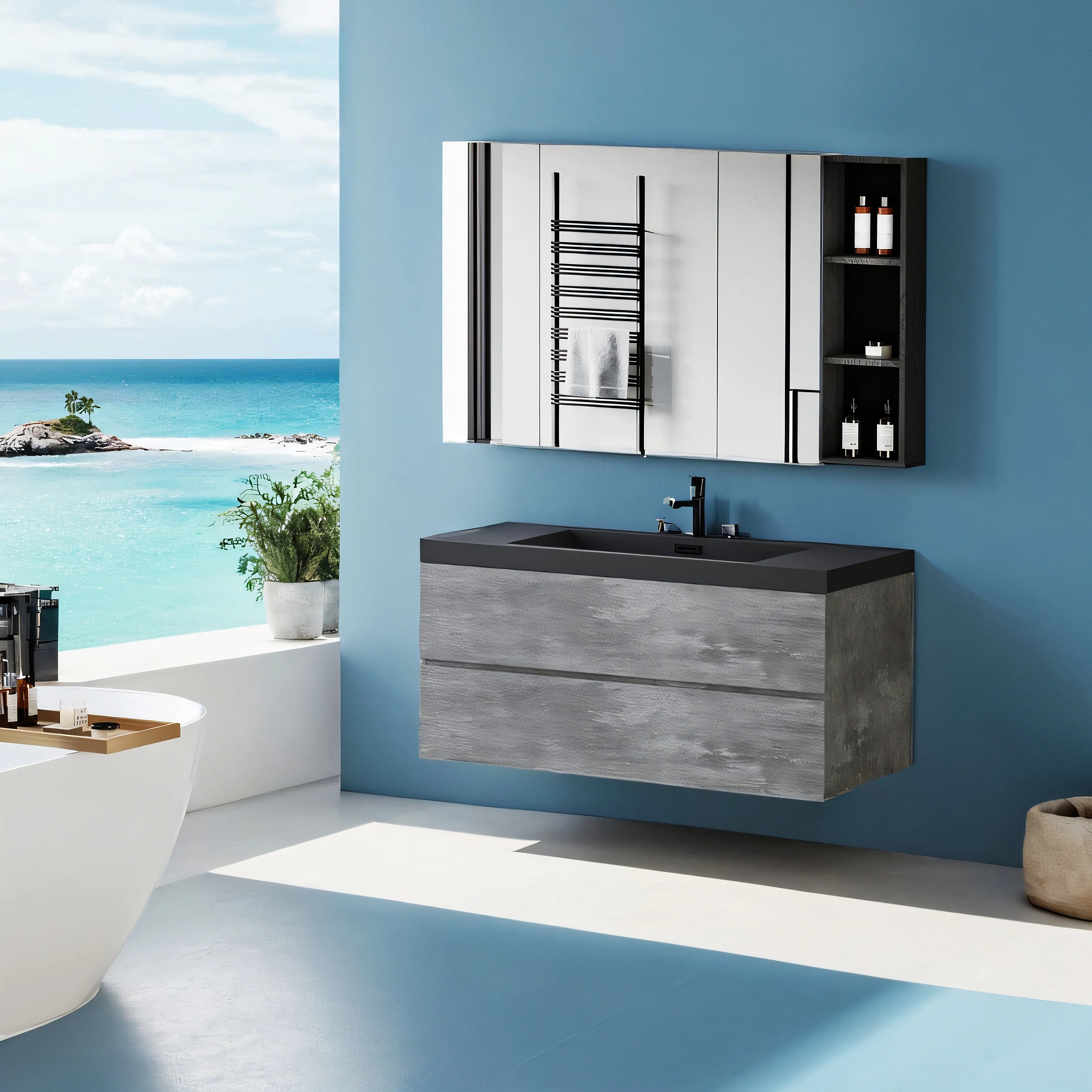 48"  Modern Wall-Mounted Bathroom Storage Vanity Cabinet  Sand Top Basin and