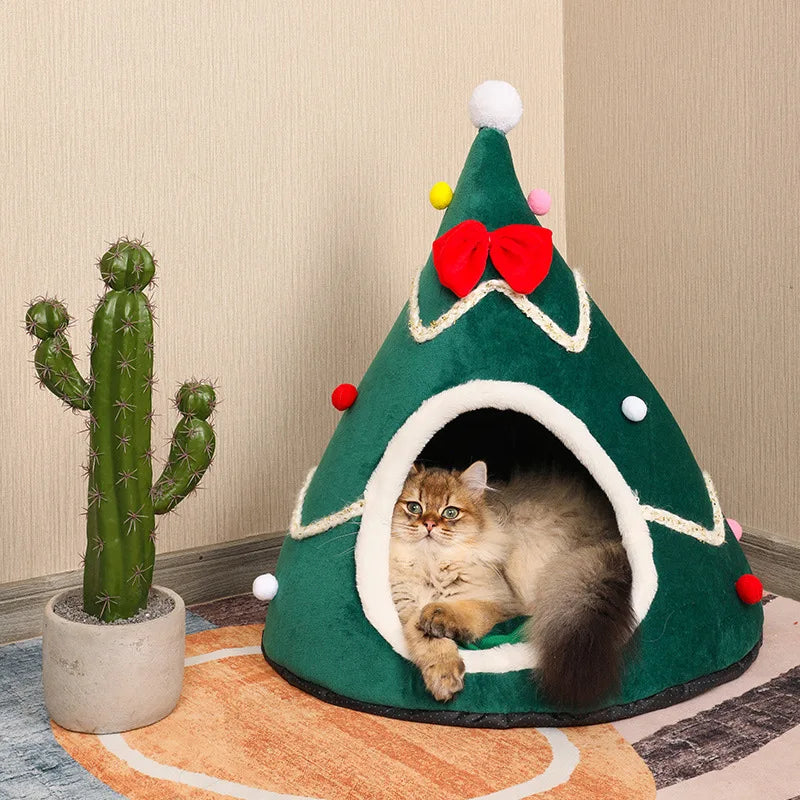2024 Christmas Tree Pet Nest Winter Cat House Teddy Pet Bed Semi Enclosed Cat Hole Tent Suitable for Medium and Large Sized Pets