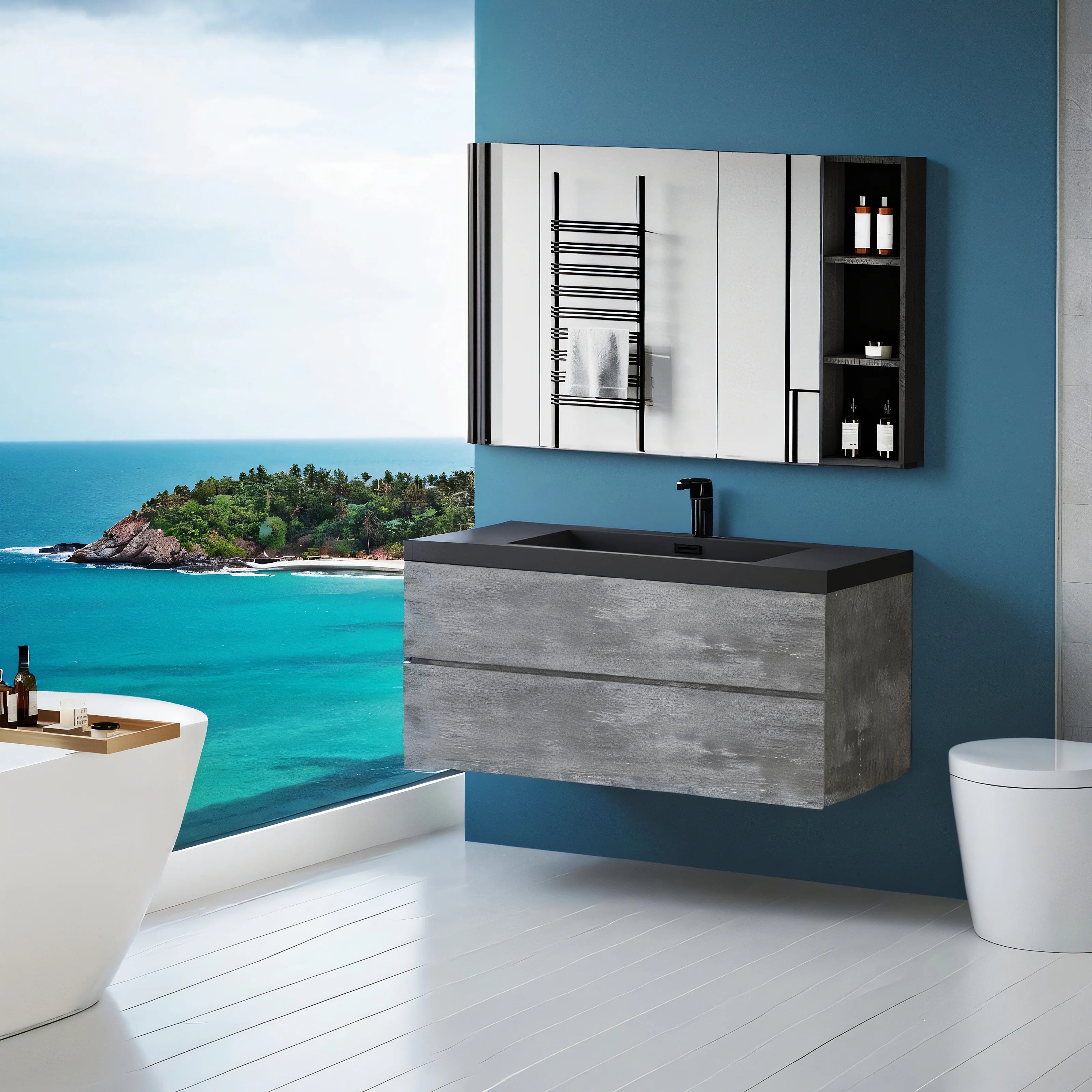48"  Modern Wall-Mounted Bathroom Storage Vanity Cabinet  Sand Top Basin and