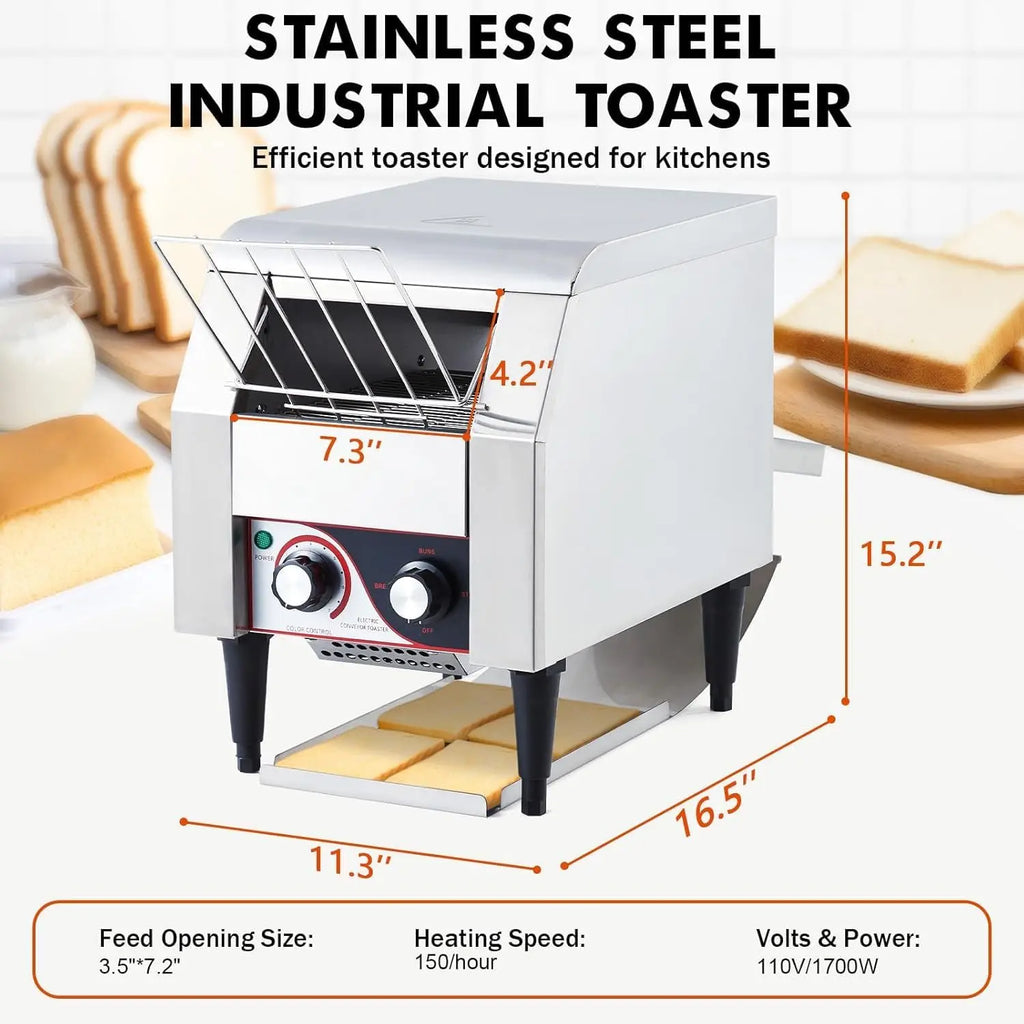 Commercial Toaster Conveyor 150 Slices/H Heavy Duty Industrial Design Stainless , Dual Heating Tube 7-Speed