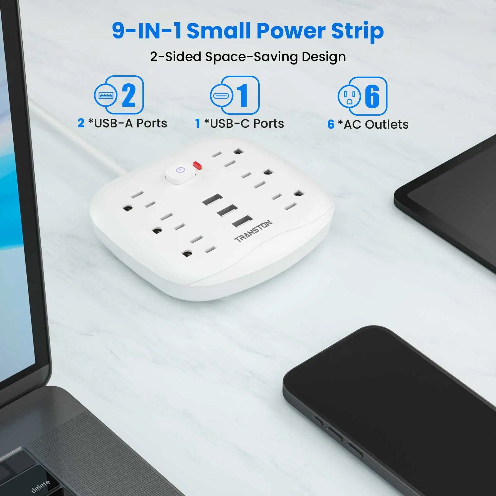 TRANSTON Power Outlet with Surge Protector, 6 power strip 3 USB Ports, 3.3ft Extension Cord, Fire Resistant, For Home and Offic