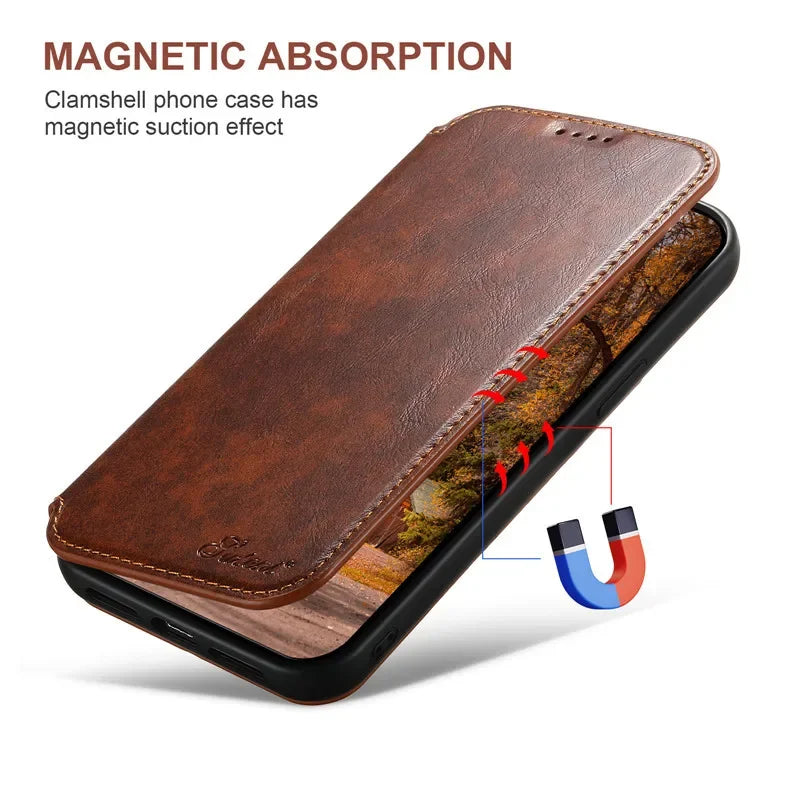 Magsafe Wallet Phone Case  For iPhone 12 13 14 15 16 Pro Max Plus Ultra With Stand Card Holder Leather Magnetic Pocket Cover