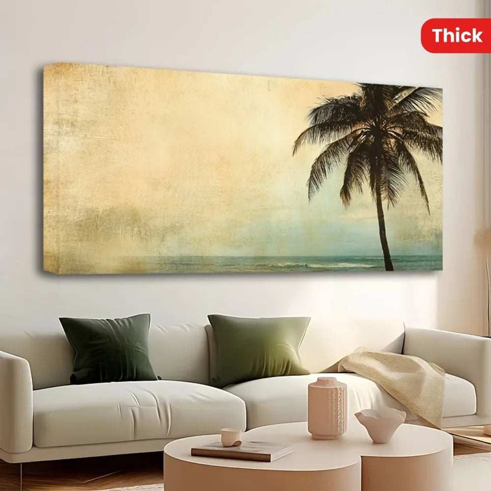 1.5 inch thick pine solid wood frame, golden palm tree, sunset landscape coconut tree,