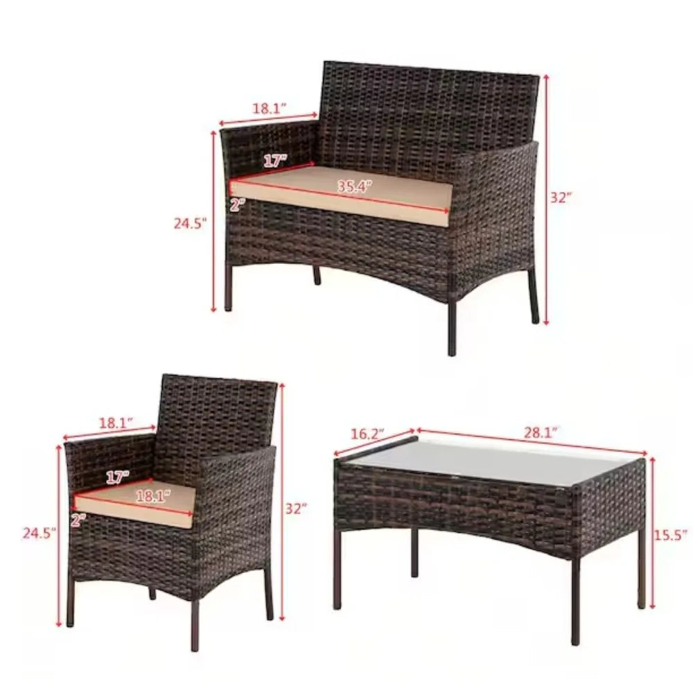 Outdoor Furniture with Soft Cushion and Glass Table, All Weather Manual Weaving Wicker Rattan Patio Chairs for Garden