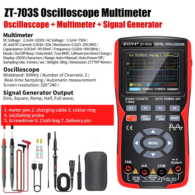 ZOYI ZT703S 702S Digital Oscilloscope Multimeter Transistor Tester 50MHz Bandwidth 280MS Sampling Rate Support Waveform Storage