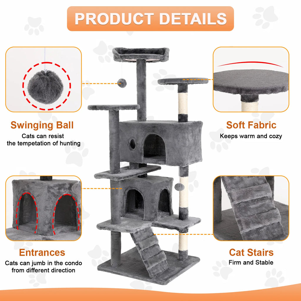 Cat Tree 54/70 Inch Cat with Sisal-Covered Scratching