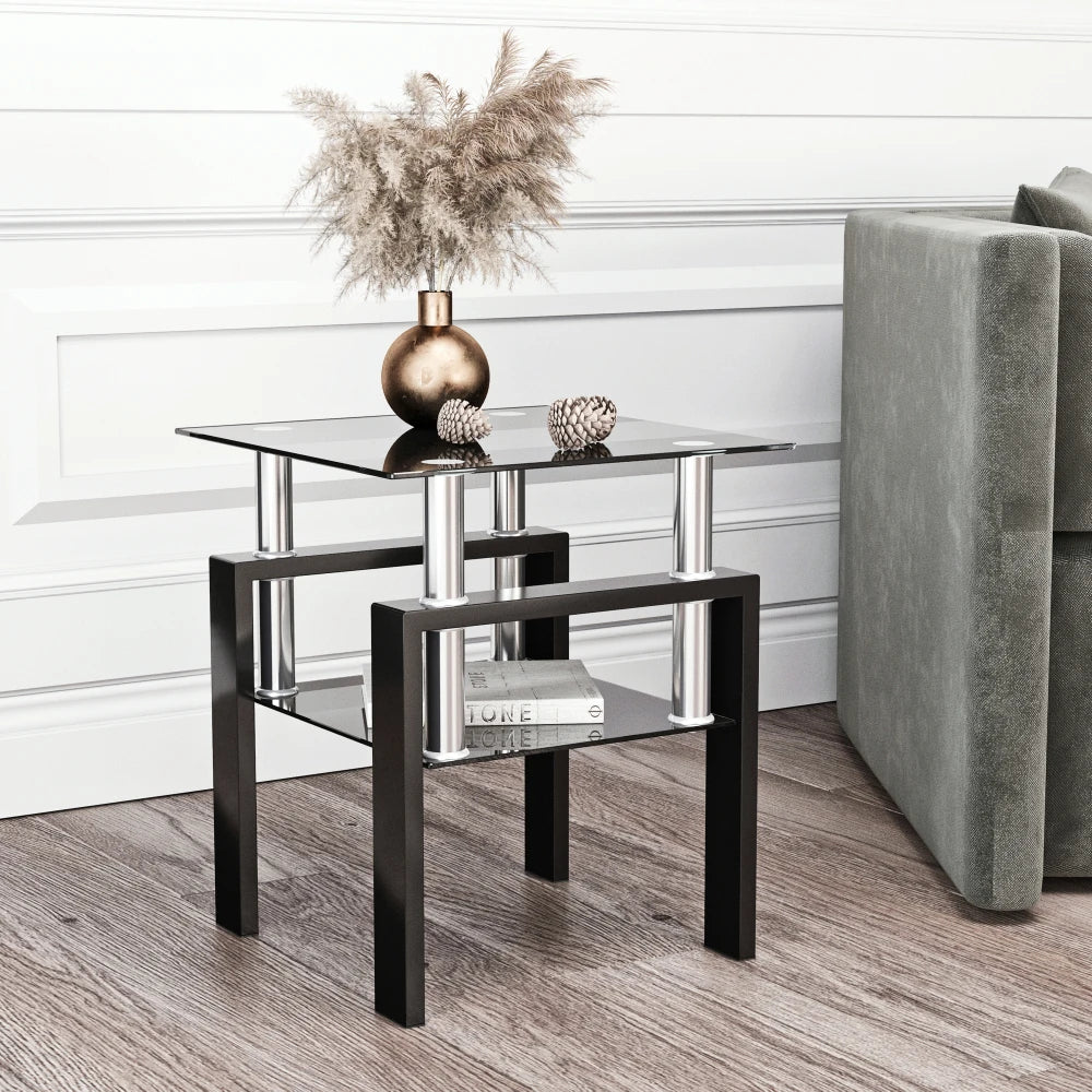 1-Piece Modern Tempered Glass Tea Table Coffee Table End Table Square Table for Living Room Black
