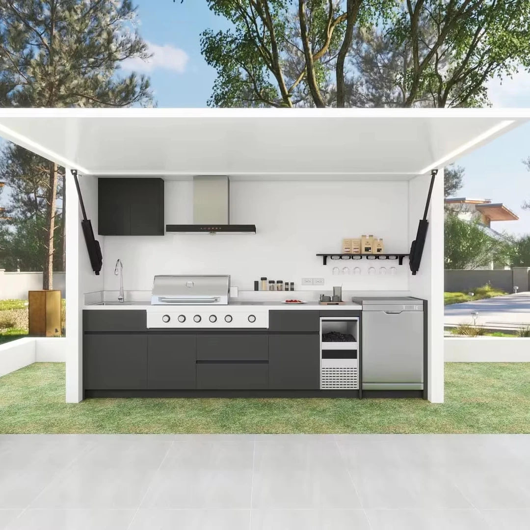 Modern Outdoor Furniture Cottage with Stainless Steel Kitchen Cabinets, Gas Grill with Shed, Customisable, Outdoor Pergola