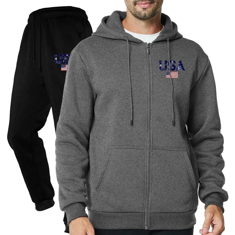 Men's Fashion Outdoor Fitness Jogging Sports Luxury Casual Zipper Hoodie and Pants Set Clothing