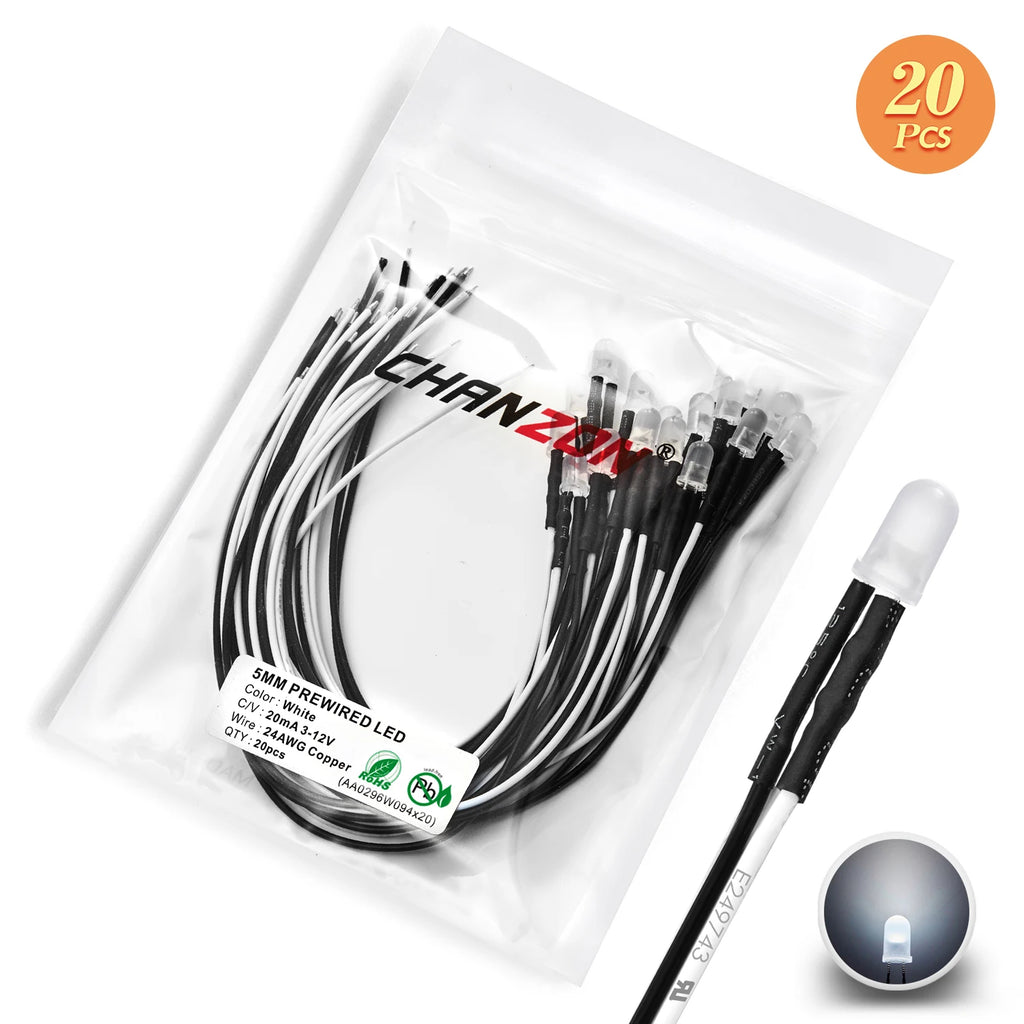 12V 5mm LED Diode Kit White Red Green Blue Yellow Orange Prewired 5 9 12 V Diffused Light Emitting Indicator Assortment Assorted