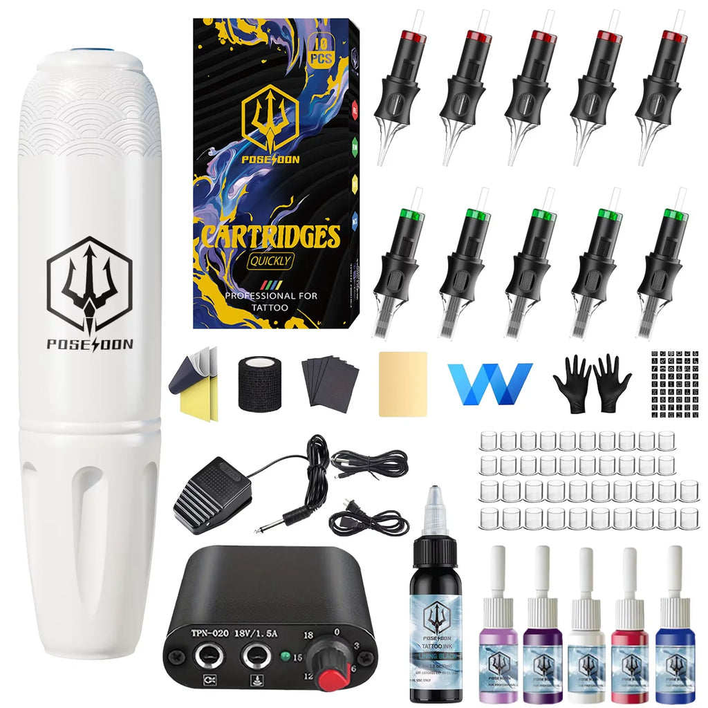 Tattoo Kit POSEIDON High Power Tattoo Pen Kit For Permanent Makeup Tattoo Machine Kit White Tattoo Power Supply Tattoo Gun Kit