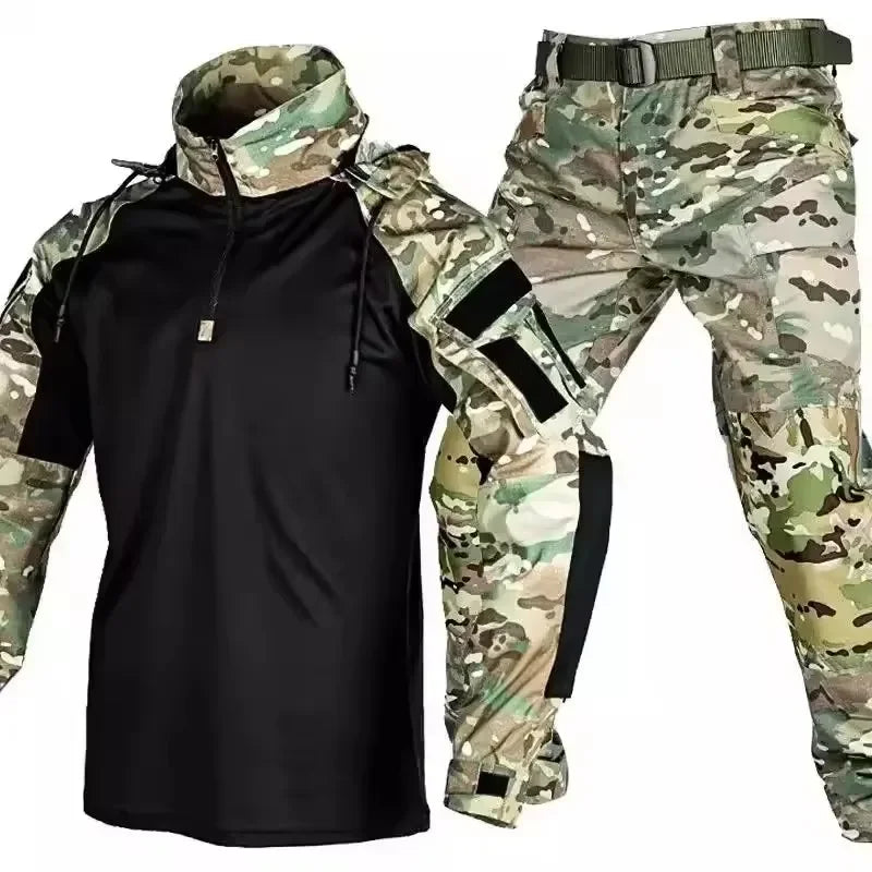Outdoor Combat Uniform Tactical Suits Wear Resistant T-Shirt Hooded Pants Men Clothes Shirts Airsoft Paintball Hunting Clothes