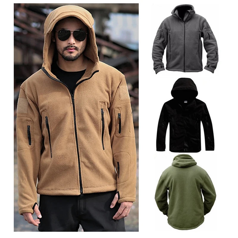 Men's Outdoor Hiking Hooded Coats Warm Military Tactical Sport Fleece Hoodie Jacket Multi-Pockets