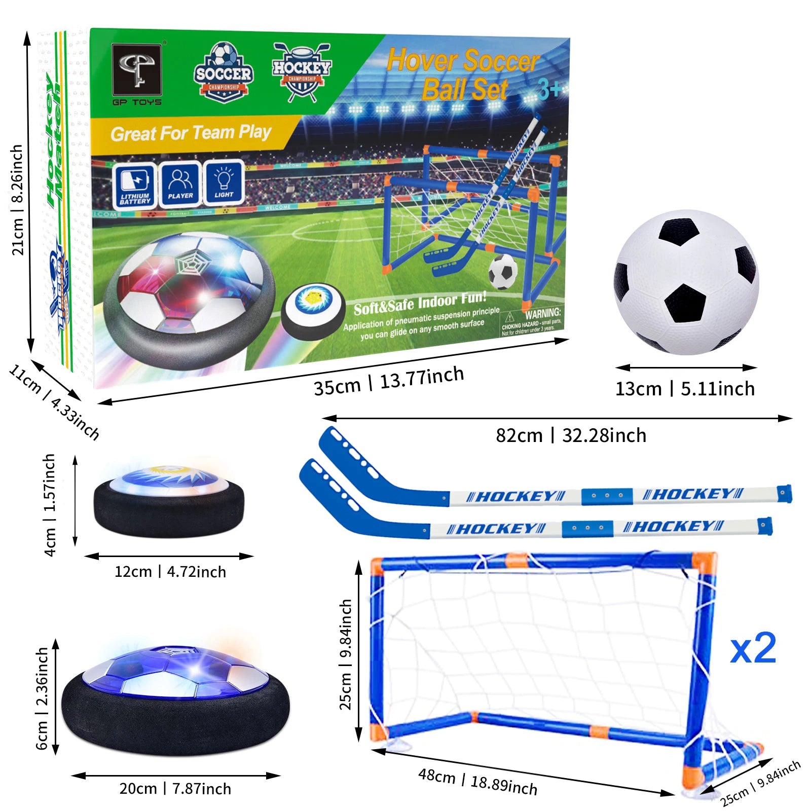 Hover Soccer Ball set, 2-in-1 Indoor and Outdoor Soccer Ball, Hover Hockey Set for Kids Ages 3 +, Rechargeable LED Birthday Gift