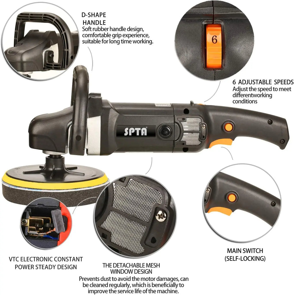 Buffer Polisher, Spta 7 Inch 180Mm Rotary Polisher Car Polisher Electric Polisher Ro Polisher & Polishing Pads Set For Auto