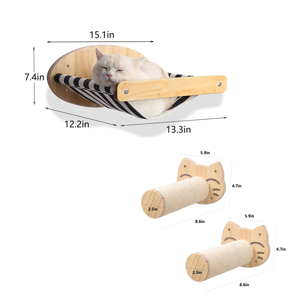 3Pcs Cat Hammock with Four Step Sisal Stairways or Scratching Posts Set Wall Mounted Wooden Cats Furniture Climbing Shelf Perch