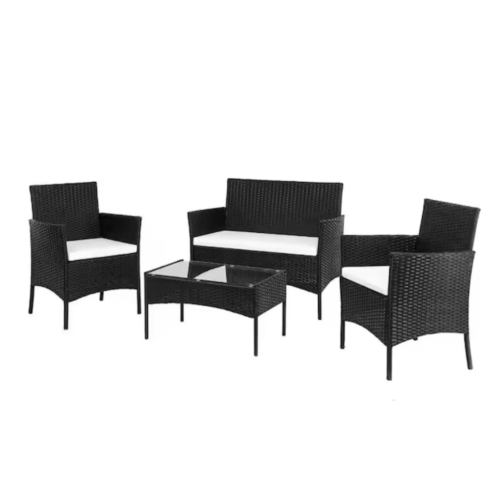 Outdoor Furniture with Soft Cushion and Glass Table, All Weather Manual Weaving Wicker Rattan Patio Chairs for Garden
