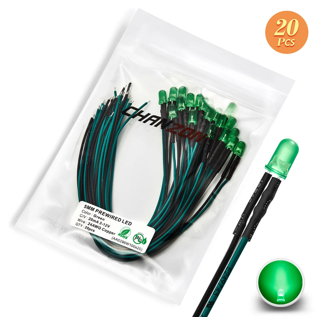 12V 5mm LED Diode Kit White Red Green Blue Yellow Orange Prewired 5 9 12 V Diffused Light Emitting Indicator Assortment Assorted