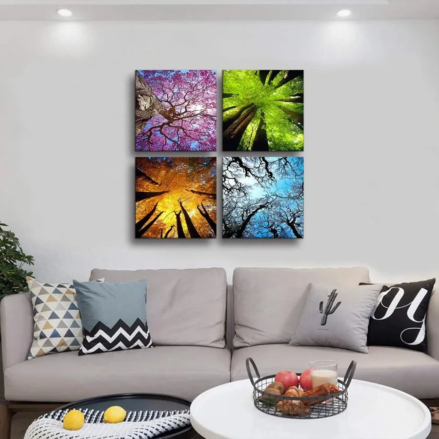 4 Panels  Landscape Tree Painting Prints Modern Giclee Artwork Stretche