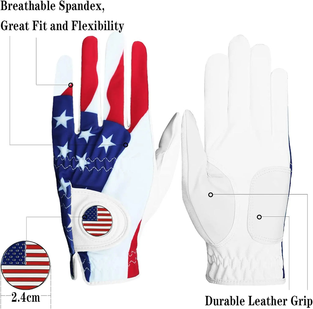 Golf Gloves Men Right Handed Golfer Left Hand with Ball Marker 2 Pack Leather Breathable Weathersof Grip Size Medium ML Large XL