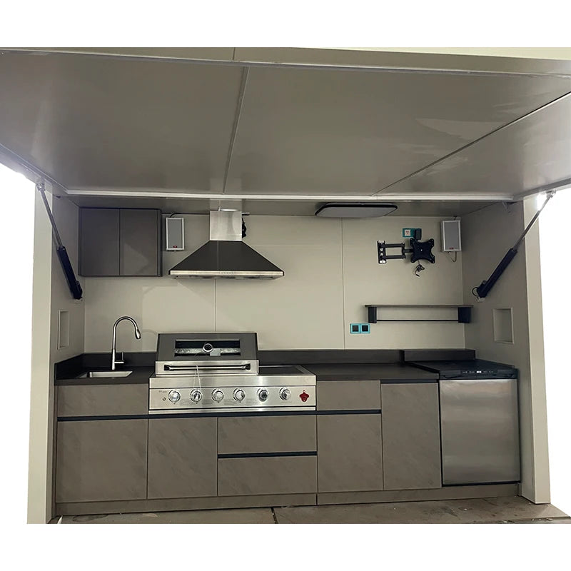 Modern Outdoor Furniture Cottage with Stainless Steel Kitchen Cabinets, Gas Grill with Shed, Customisable, Outdoor Pergola