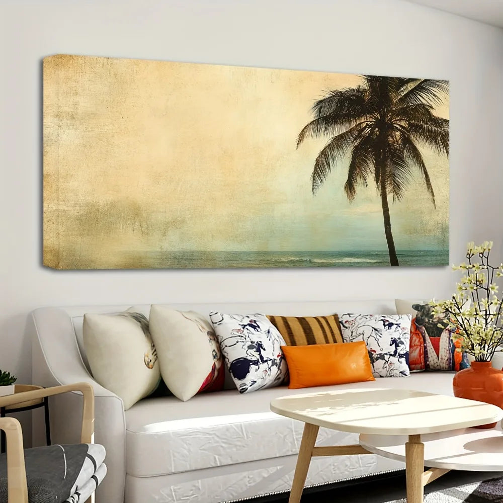 1.5 inch thick pine solid wood frame, golden palm tree, sunset landscape coconut tree,