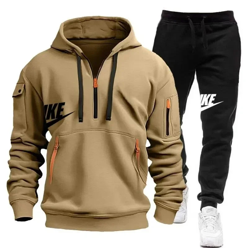 Fashionable outdoor men's casual sportswear set, new autumn and winter multi-pocket men's pullover hoodie + pants 2-piece set