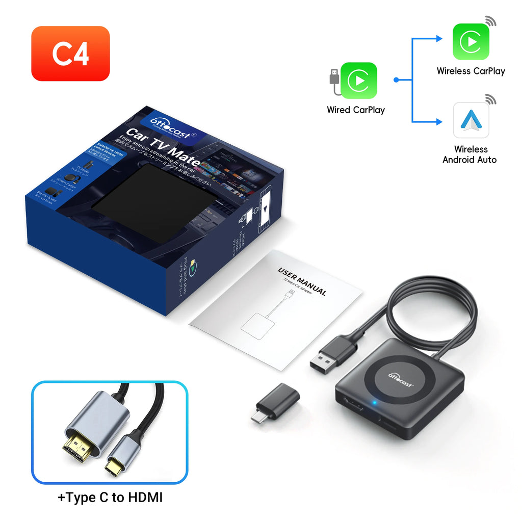 OTTOCAST Car TV Mate Pro C4 Wireless CarPlay Android Auto Adapter Multimedia Adapter Video Converter for HDMI for TV Sticks New