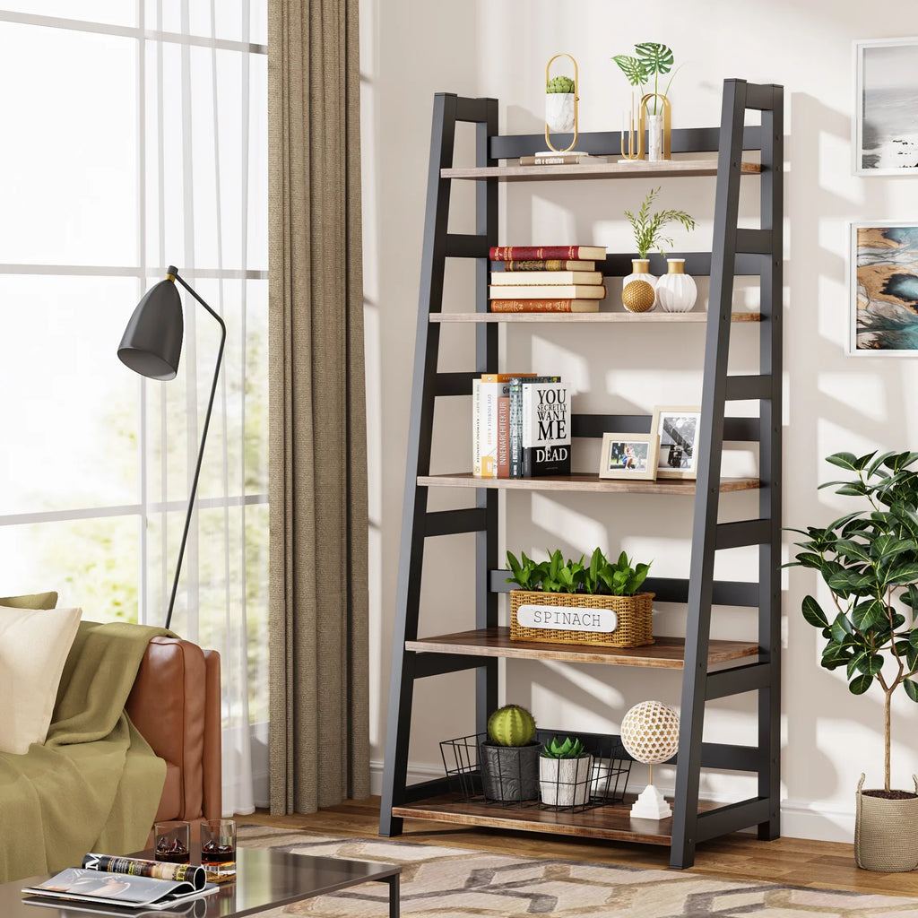 Tribesigns 5-Tier Bookshelf Industrial Bookcase, 5 Shelf Ladder Shelf Book Storage Shelf Organizer for Living Room, Home Office