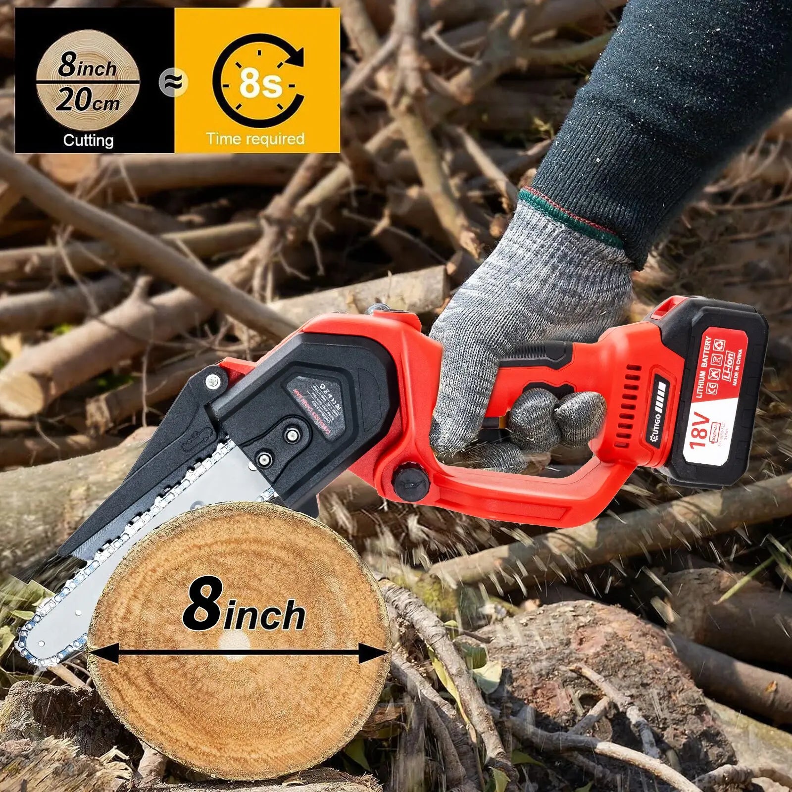 OUTIGO 8 inch brushless chainsaw with two 21v battery, portable  pruning chainsaw for garden and orchard cutting
