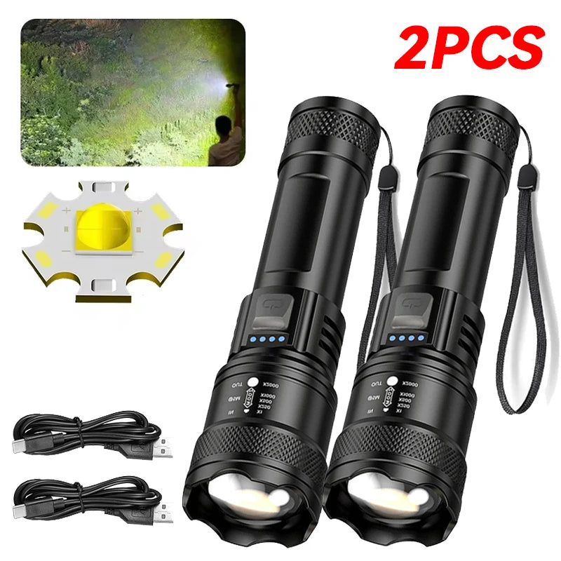 High Strong Power Led Flashlights 2000LM Tactical Torch with Display Light USB Charging Camping Fishing Emergency Zoom Lantern