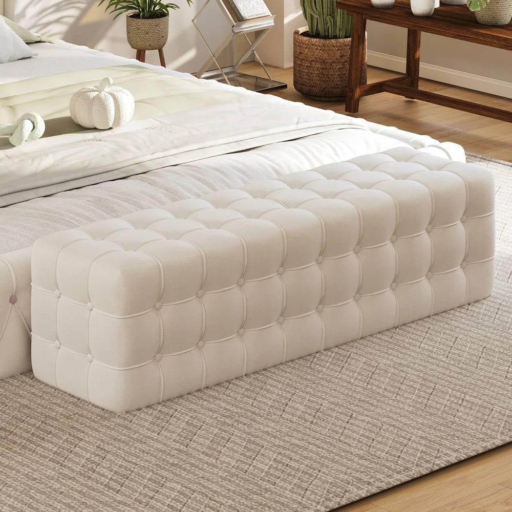 All Covered Velvet Upholstered Ottoman, Rectangular No Assembly Required Elegant and Luxurious White