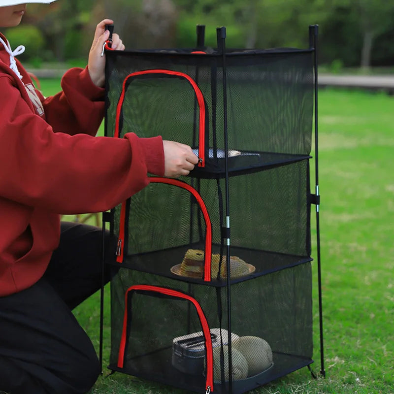 Outdoor Camping Tableware Storage Ventilated Net Bowl Basin Drying Net Foldable 4 Layers Storage Multifunctional Hanging Mesh