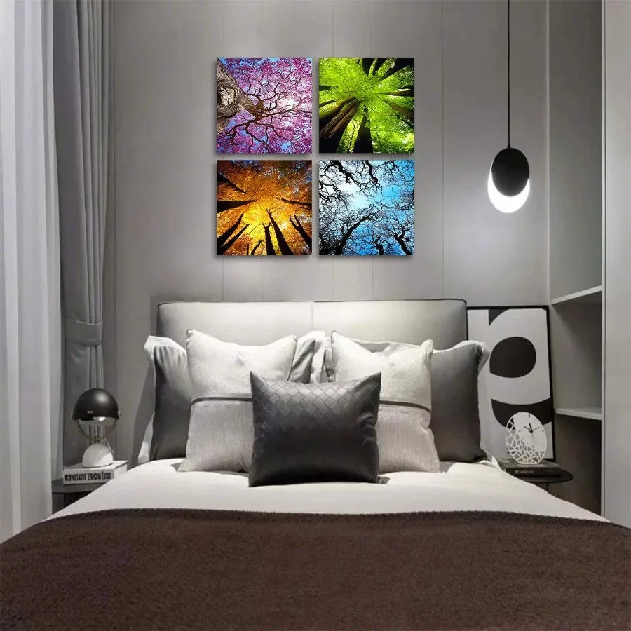 4 Panels  Landscape Tree Painting Prints Modern Giclee Artwork Stretche