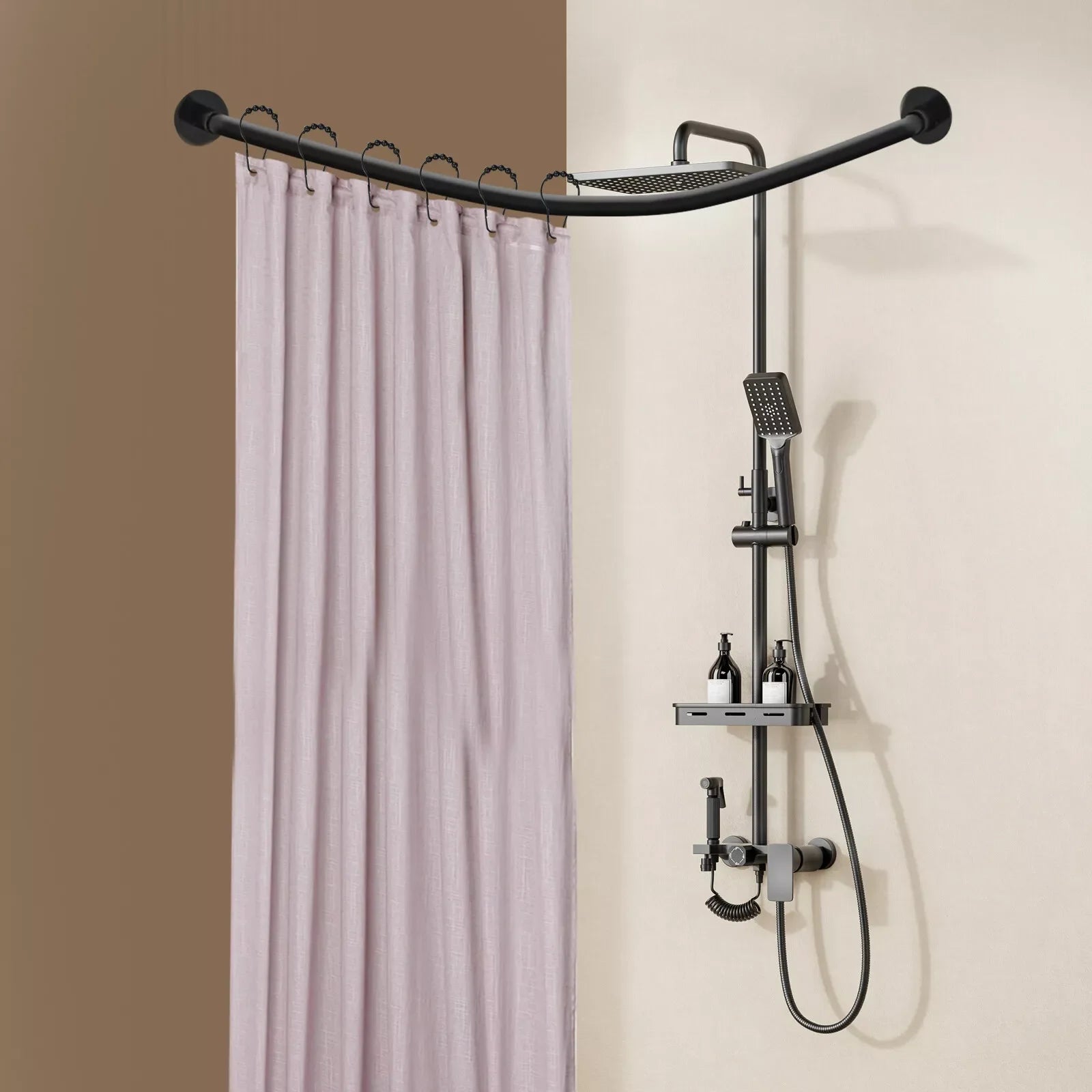 Adjustable Curved Shower Curtain Rod Stainless Steel Bathrooms Bath Pole Rail L Shape No Drilling Corner Telescopic Rod