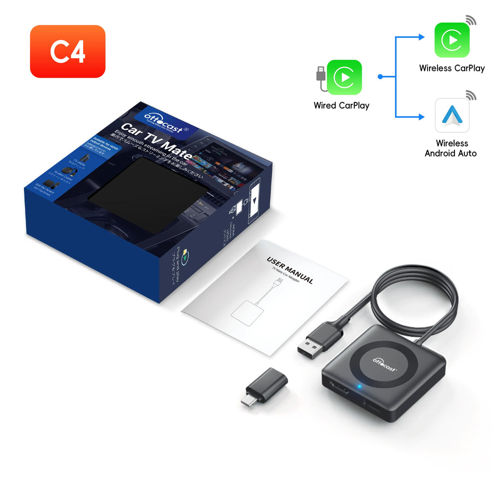 OTTOCAST Car TV Mate Pro C4 Wireless CarPlay Android Auto Adapter Multimedia Adapter Video Converter for HDMI for TV Sticks New